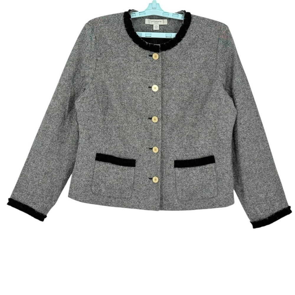 Liz Claiborne Women's Wool Blend Frilled Black Velvet Detail Grey Jacket Size XL